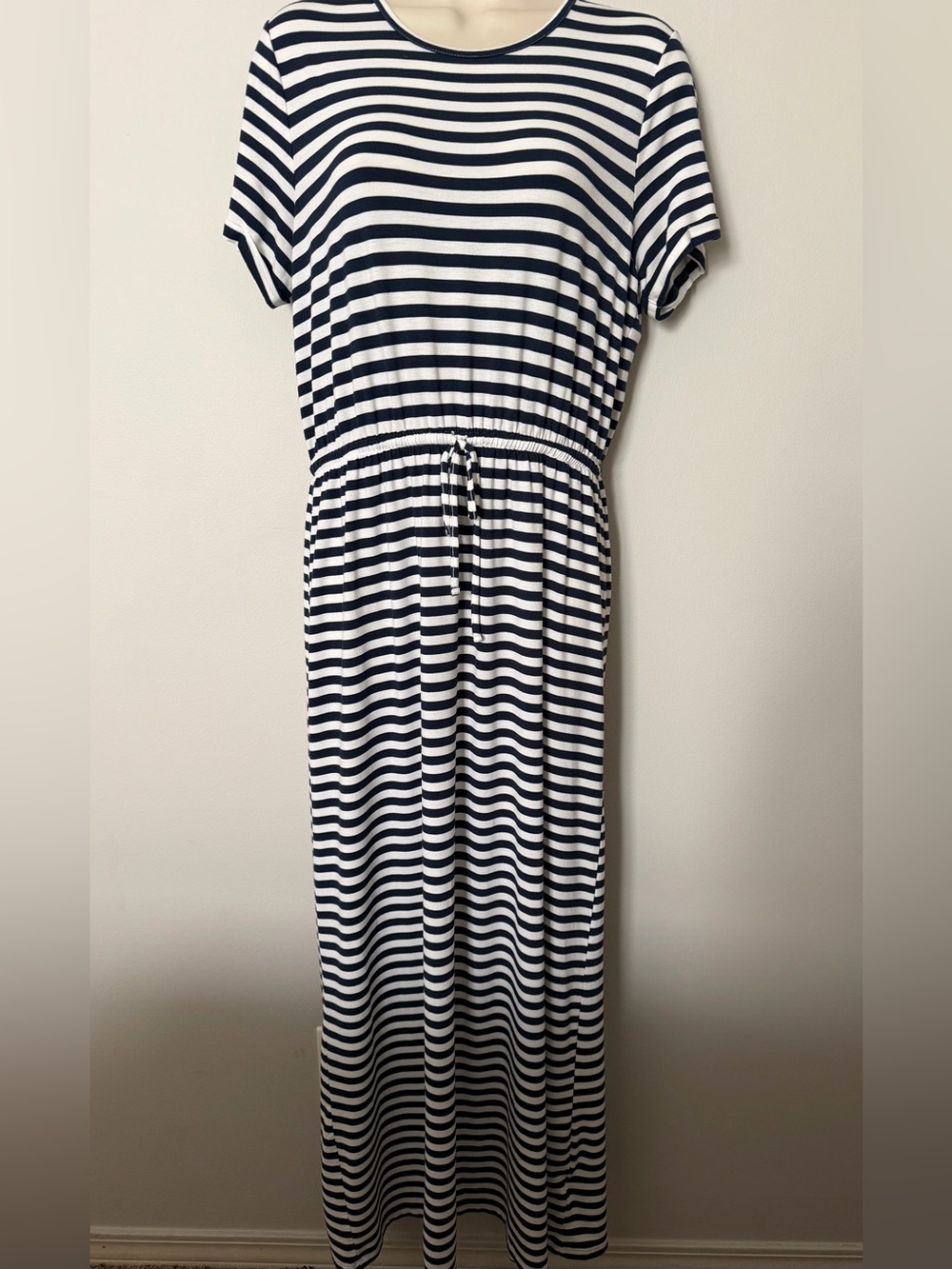 Style & Co. Navy and White Striped Maxi Dress with Drawstring